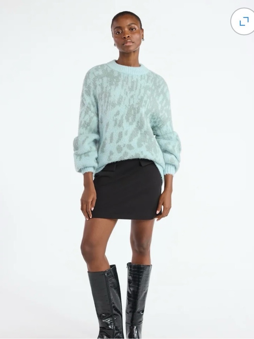 Scoop Animal-Print Crewneck Oversized Sweater Cozy Light Blue Gray Large